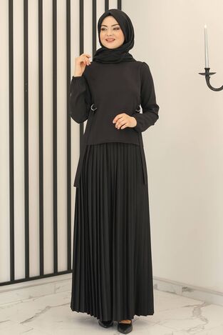 Piliseli Etek - Toka Detay Bluz İkili Takım Siyah - Fashion Showcase Design - FSC3013 