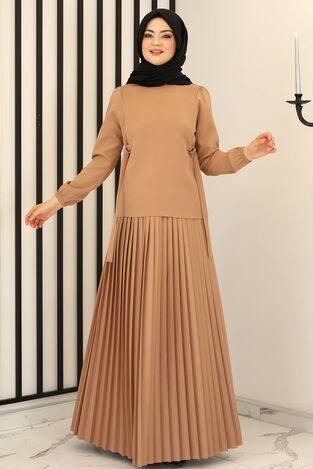 Piliseli Etek - Toka Detay Bluz İkili Takım Vizon - Fashion Showcase Design - FSC3013 