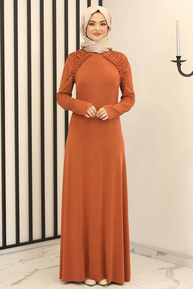 Reglan Kol Abiye Elbise Kiremit - Fashion Showcase Design - FSC3014 