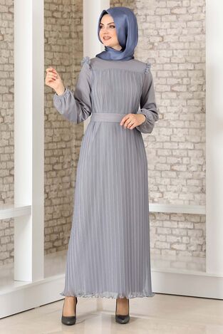 Robalı Boydan Piliseli Lady Abiye Elbise Gri - Fashion Showcase Design - FSC3036 