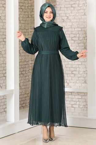 Robalı Boydan Piliseli Lady Abiye Elbise Zümrüt - Fashion Showcase Design - FSC3036 