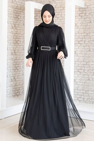 Robe de Soirée - Ceinture en Pierre - Tulle Détaillé - Noir - FSC2020 