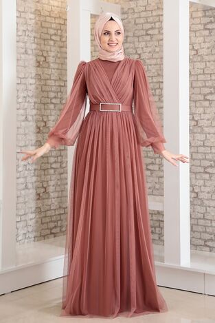 Robe de Soirée - Ceinture en Pierre - Tulle Détaillé - Peau D'Oignon - FSC2020 