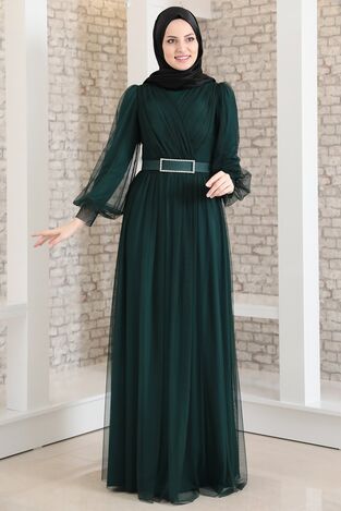 Robe de Soirée - Ceinture en Pierre - Tulle Détaillé - Petrol - FSC2020 