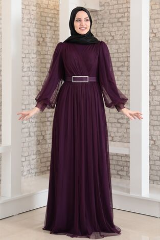 Robe de Soirée - Ceinture en Pierre - Tulle Détaillé - Violet - FSC2020 