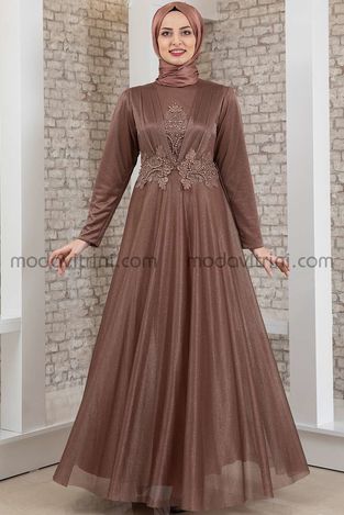 Robe de Soirée - Guipure & Paillette Détaillés - Vison - MDV2041 
