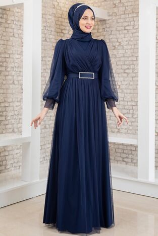 Robe de Soirée - Tulle Détaillé - Ceinture Détaillée Pierre - Bleu Marine - FSC2020 