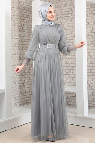 Robe de Soirée - Tulle Détaillé - Ceinture Détaillée Pierre - Gris - MDV2042 