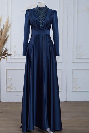 Safir Saten Abiye Elbise Lacivert - Dresslife Tesettür Giyim - ALM2113 