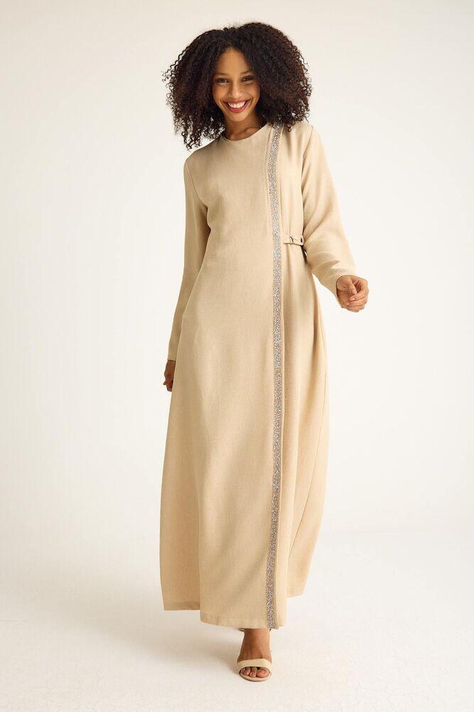 Taş Detay Bağcıklı Abaya Uzun Elbise Ferace - Bej - FSC3138 