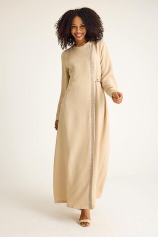 Taş Detay Bağcıklı Abaya Uzun Elbise Ferace - Bej - FSC3138 