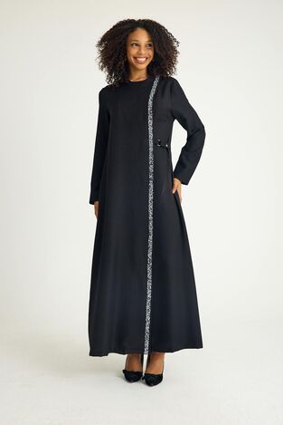 Taş Detay Bağcıklı Abaya Uzun Elbise Ferace - Siyah - FSC3138 