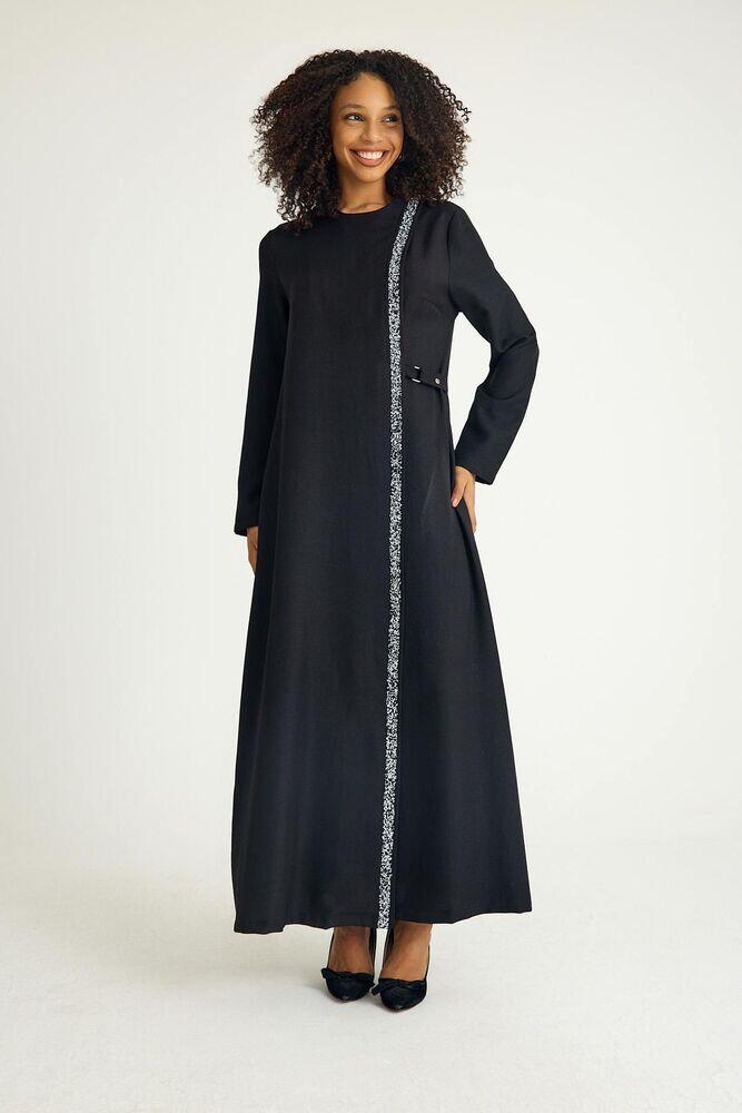 Taş Detay Bağcıklı Abaya Uzun Elbise Ferace - Siyah - FSC3138 - Fashion Showcase Design