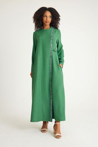 Taş Detay Bağcıklı Abaya Uzun Elbise Ferace - Yeşil - FSC3138 