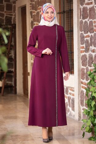 Taş Detay Bağcıklı Ferace Mürdüm FSC2042 