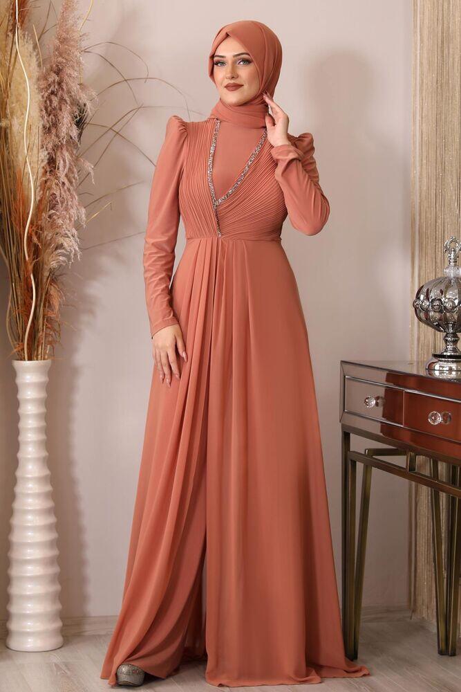 Taş Detay Önü Piliseli Abiye Tesettür Uzun Tulum - Kiremit - PNN2402 