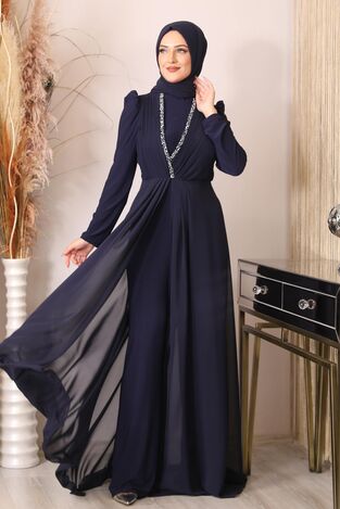 Taş Detay Önü Piliseli Abiye Tesettür Uzun Tulum - Lacivert - PNN2402 