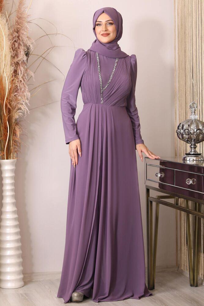 Taş Detay Önü Piliseli Abiye Tesettür Uzun Tulum - Lila - PNN2402 