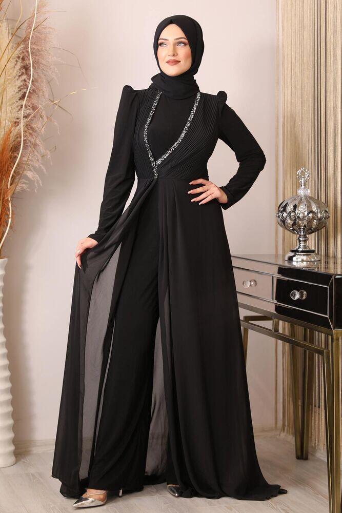 Taş Detay Önü Piliseli Abiye Tesettür Uzun Tulum - Siyah - PNN2402 