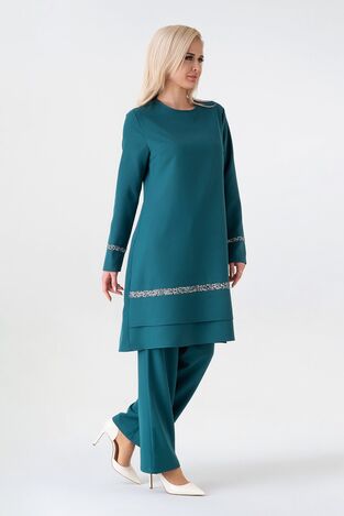 Taş Detay Tesettür Pantolonlu Takım - Yeşil - FSC2543 