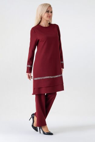 Taş Detay Tesettür Takım - Bordo - FSC2543 