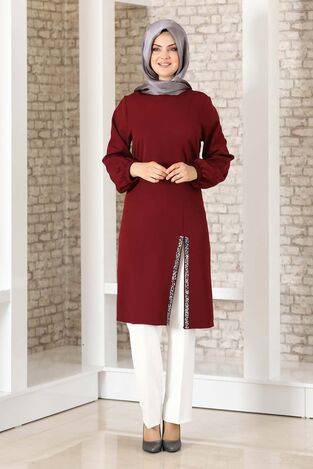 Taş Detay Yırtmaçlı Tunik Bordo - Fashion Showcase Design - FSC2039 