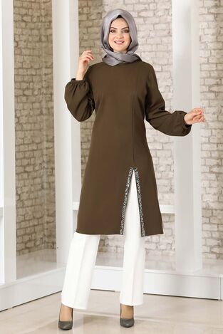 Taş Detay Yırtmaçlı Tunik Haki - Fashion Showcase Design - FSC2039 