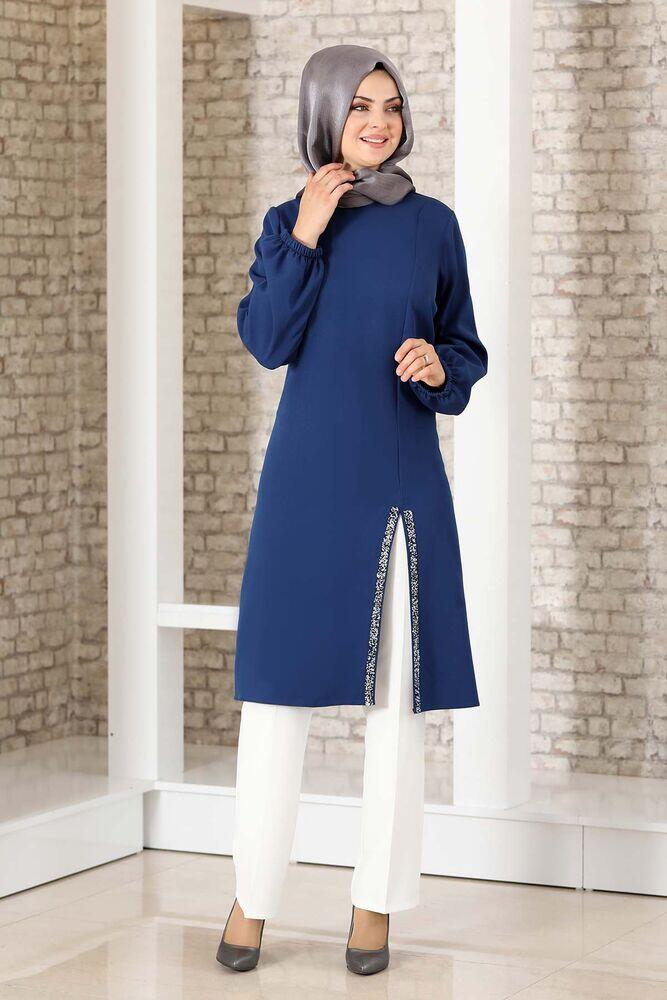 Taş Detay Yırtmaçlı Tunik İndigo - Fashion Showcase Design - FSC2039 - Fashion Showcase Design