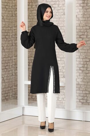 Taş Detay Yırtmaçlı Tunik Siyah - Fashion Showcase Design - FSC2039 