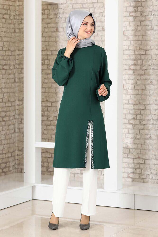 Taş Detay Yırtmaçlı Tunik Zümrüt - Fashion Showcase Design - FSC2039 - Fashion Showcase Design