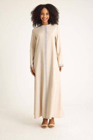 Taş Detaylı Abaya Tesettür Ferace Elbise - Bej - FSC3137 