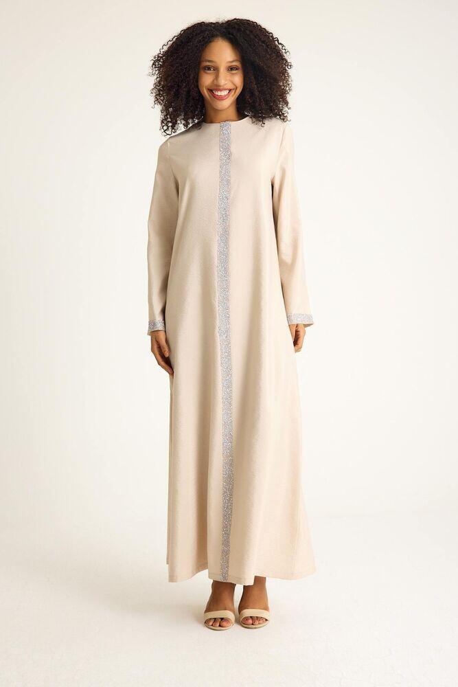 Taş Detaylı Abaya Tesettür Ferace Elbise - Bej - FSC3137 - Fashion Showcase Design