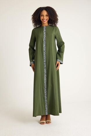 Taş Detaylı Abaya Tesettür Ferace Elbise - Haki - FSC3137 