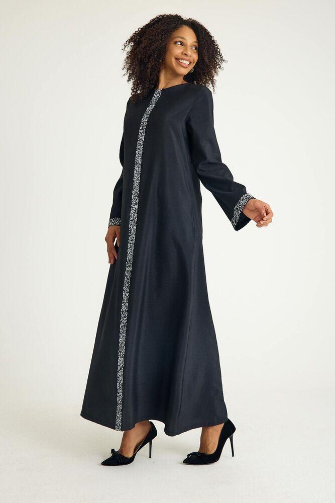 Taş Detaylı Abaya Tesettür Ferace Elbise - Lacivert - FSC3137 