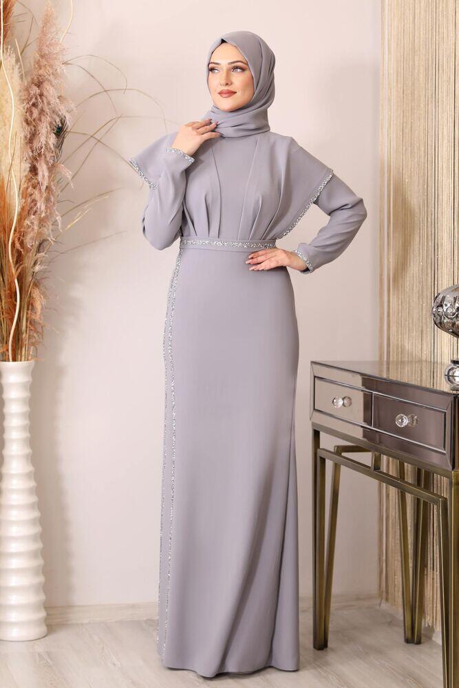 Taş Detaylı Drapeli Peri Abiye - Gri - PNN2401 