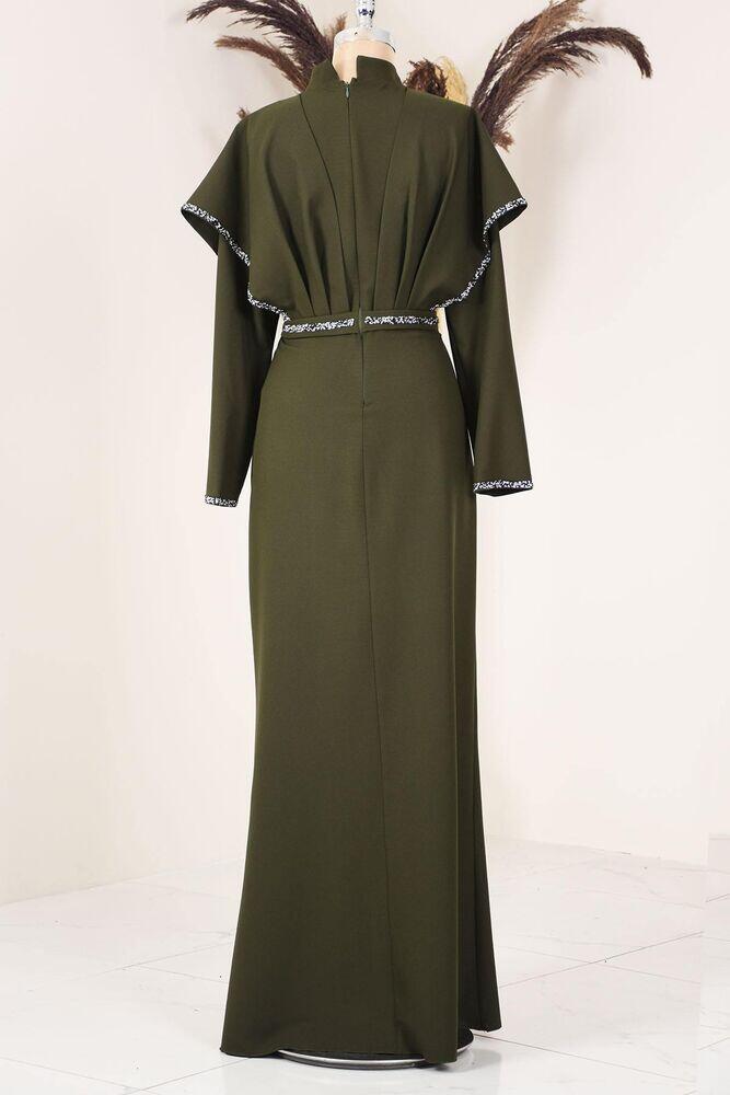 Taş Detaylı Drapeli Peri Abiye - Haki - PNN2401 