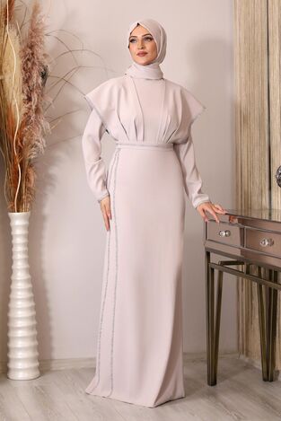 Taş Detaylı Drapeli Peri Abiye - Krem - PNN2401 