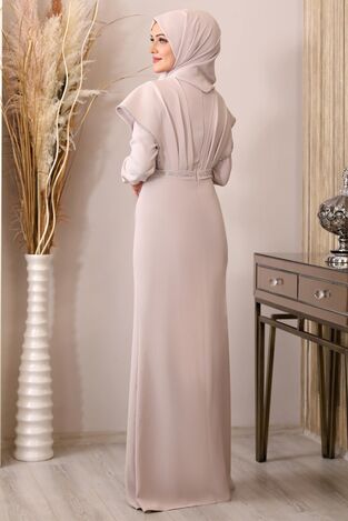 Taş Detaylı Drapeli Peri Abiye - Krem - PNN2401 - Piennar