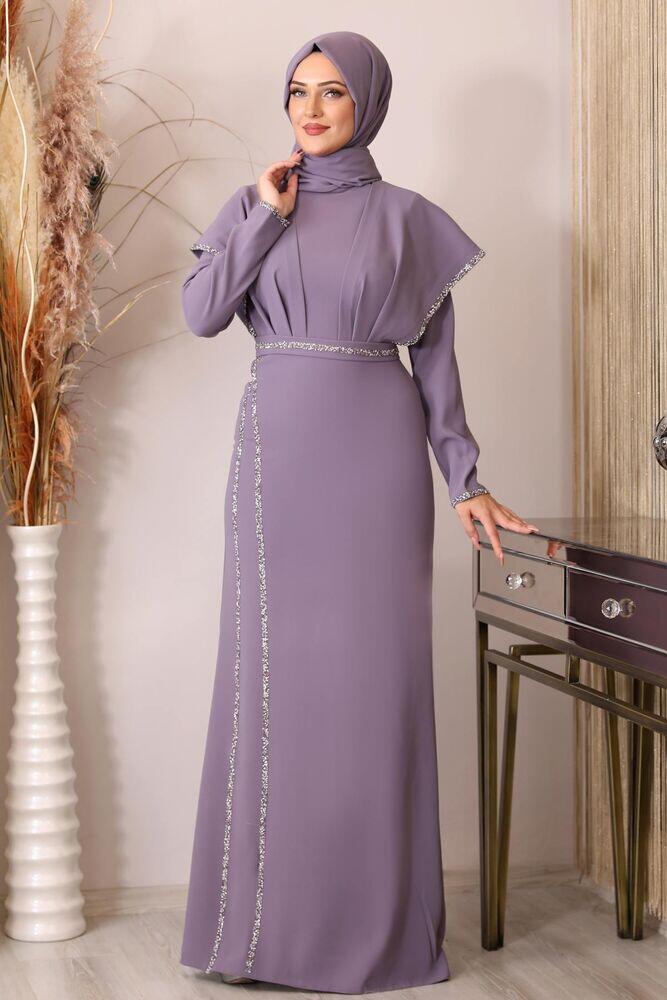 Taş Detaylı Drapeli Peri Abiye - Lila - PNN2401 