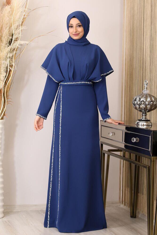 Taş Detaylı Drapeli Peri Abiye - Mavi - PNN2401 