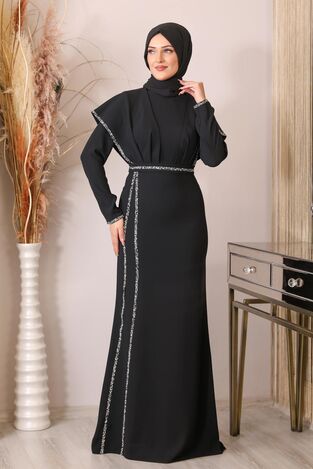 Taş Detaylı Drapeli Peri Abiye - Siyah - PNN2401 