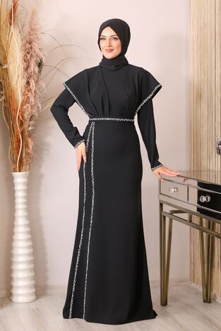 Taş Detaylı Drapeli Peri Abiye - Siyah - PNN2401 - Piennar