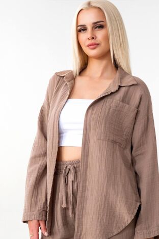 Tek Cep %100 Pamuk Kadın Müslin Gömlek - Vizon - WNR2599 - Wenor