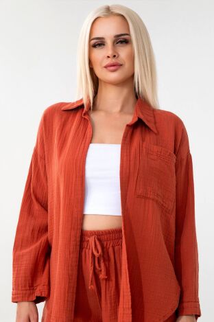 Tek Cep %100 Pamuk Müslin Gömlek - Kiremit - WNR2599 - Wenor