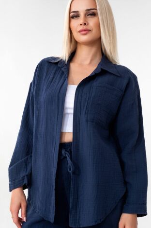 Tek Cep %100 Pamuk Müslin Gömlek - Lacivert - WNR2599 - Wenor