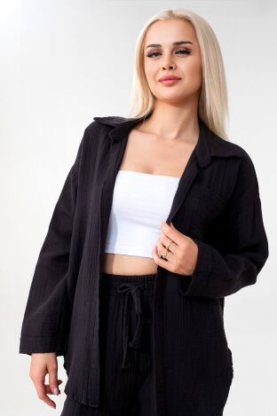 Tek Cep %100 Pamuk Müslin Gömlek - Siyah - WNR2599 - Wenor