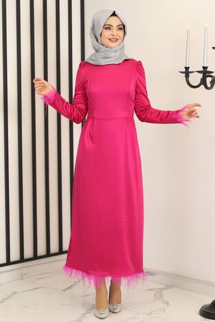 Tüy Detay Saten Kalem Abiye Elbise Fuşya - Fashion Showcase Design - FSC3016 