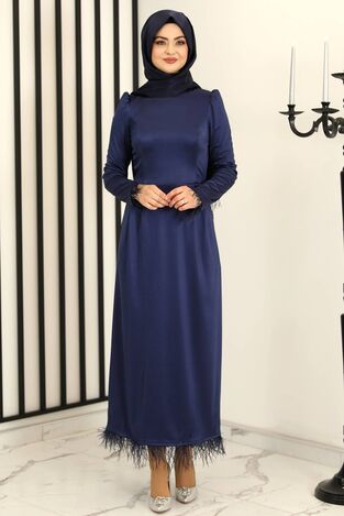 Tüy Detay Saten Kalem Abiye Elbise Lacivert - Fashion Showcase Design - FSC3016 