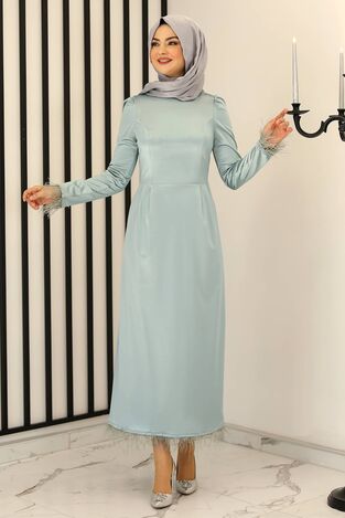 Tüy Detay Saten Kalem Abiye Elbise Mint - Fashion Showcase Design - FSC3016 