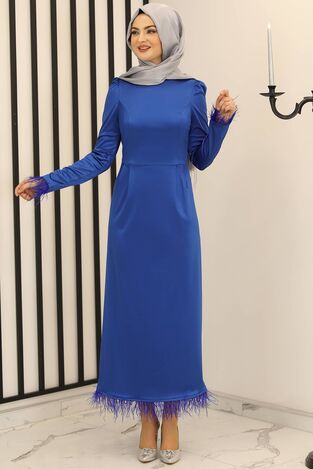 Tüy Detay Saten Kalem Abiye Elbise Saks - Fashion Showcase Design - FSC3016 